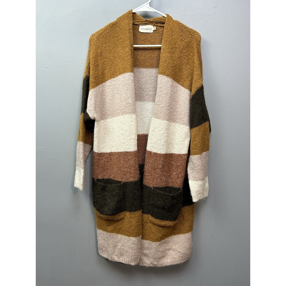 Dreamers Cardigan Womens M/L Multicolor Striped Open Front Duster Pockets